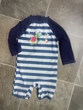 Kids Navy & Light Blue Striped One-Piece Swimsuit with Turtle